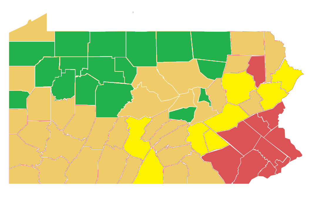 As of May 29, eight Pennsylvania counties (light yellow) will join other yellow-phase counties (dark yellow) and 17 counties will turn green. The red counties are to enter the yellow phase June 5.