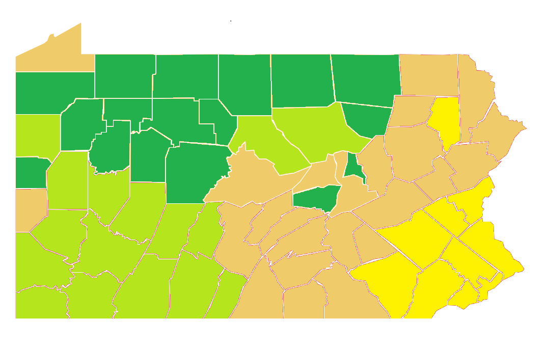 On June 5, 16 counties (light green) will move from Pennsylvania's yellow to green phase, and the final 10 (light yellow), including Lancaster County, will move from red to yellow. 