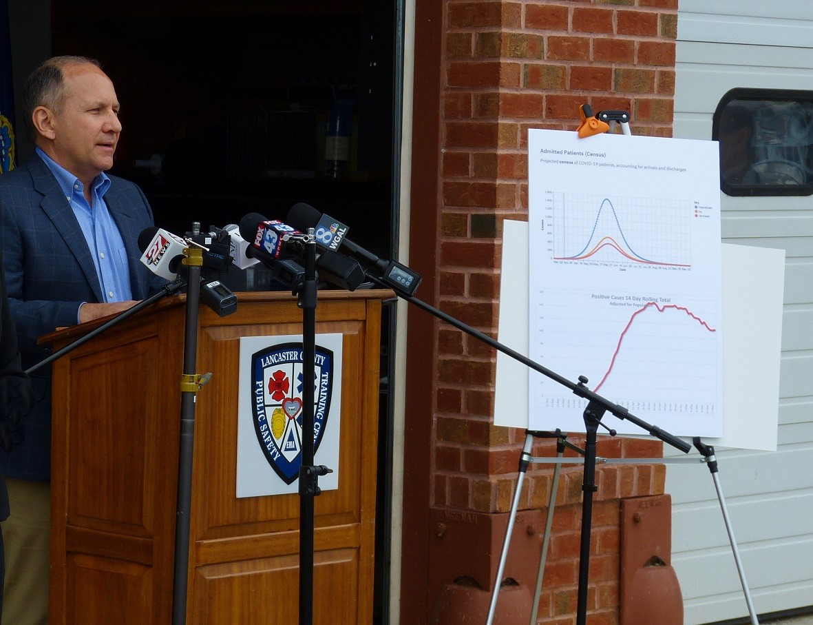 U.S. Rep. Lloyd Smucker speaks to reporters during a news conference at the Lancaster County Public Safety Training Center on Thursday, May 14, 2020. At right are charts showing initial projections for Covid-19 hospital admissions, top, and the actual rolling 14-day average of cases in Lancaster County, bottom. (Photo: Tim Stuhldreher)