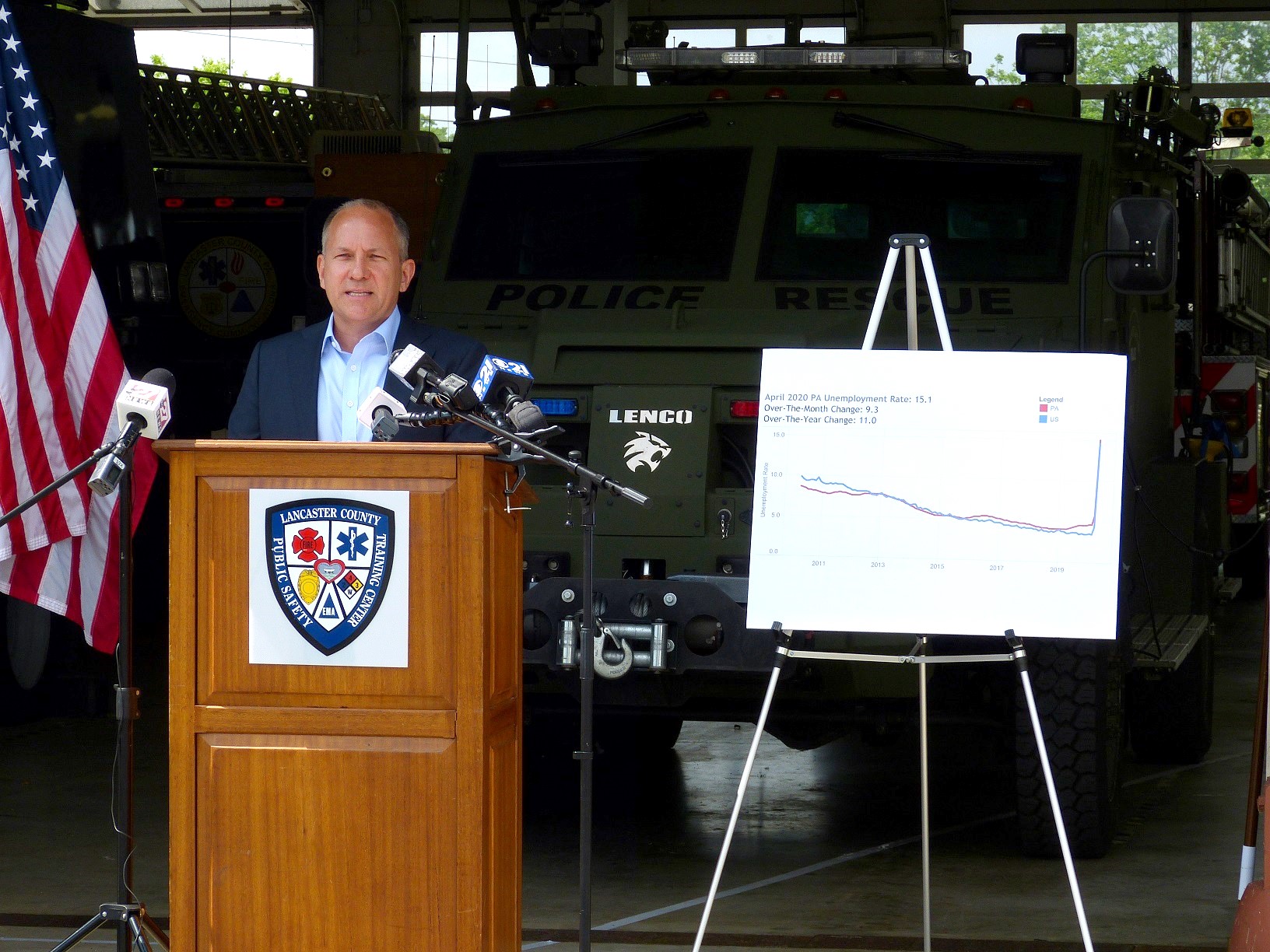 U.S. Rep. Lloyd Smucker speaks at a news briefing at the Lancaster County Public Safety Training Center on Friday, May 29, 2020. At his right is a chart showing Pennsylvania and U.S. unemployment rates.  (Photo: Tim Stuhldreher) 