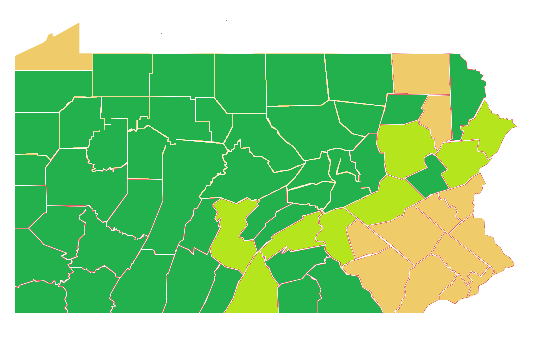 The counties in light green move to Pennsylvania's green phase as of June 19.