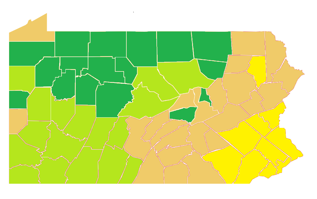 As of June 5, 17 counties (light green) move from Pennsylvania's yellow to green phase, and the final 10 (light yellow), including Lancaster County, move from red to yellow. 