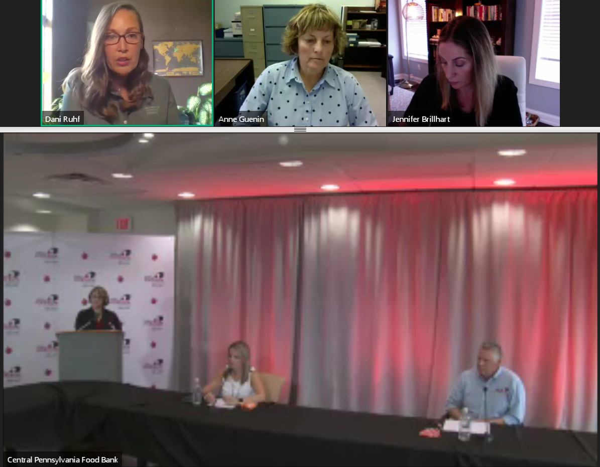 Panelists discuss food insecurity during a virtual town hall sponsored by the Central Pennsylvania Food Bank on Thursday, Sept. 10, 2020. At top from left are Dani Ruhl, executive director, Child Hunger Outreach Partners; Anne Guenin, executive director, Downtown Daily Bread; and Jennifer Brillhart, executive director, York County Food Bank. At bottom, from left, are Amy Hill, director of community engagement &amp; advocacy, Central Pa. Food Bank; Jane Clements-Smith, executive director, Feeding Pennsylvania; and Joe Arthur, executive director, Central Pennsylvania Food Bank. 