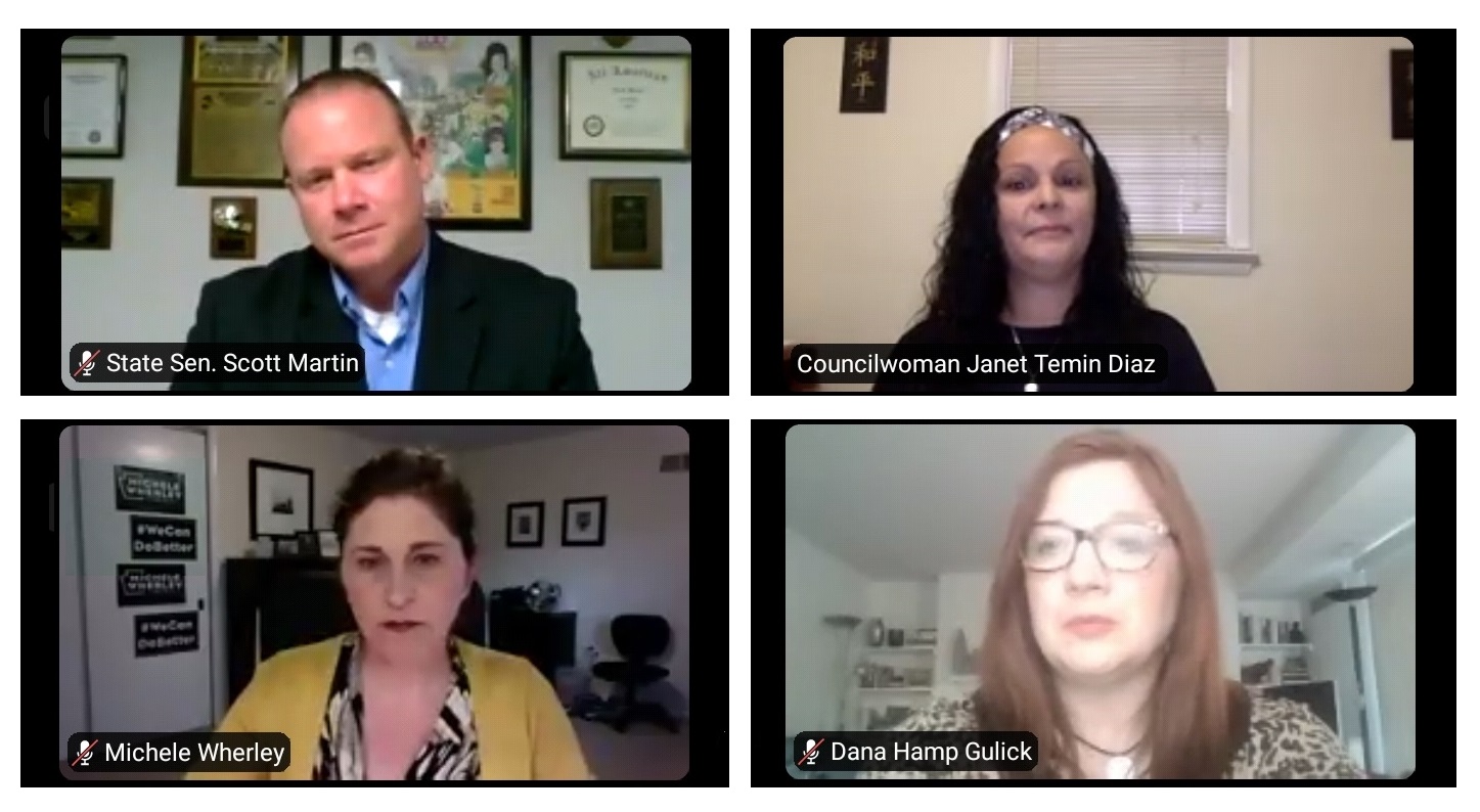 Candidates take part in an online discussion on Thursday, Oct. 8, 2020, in this screenshot composite. Clockwise from top left: Scott Martin, Janet DIaz, Dana Hamp Gulick, Michelle Wherley. 