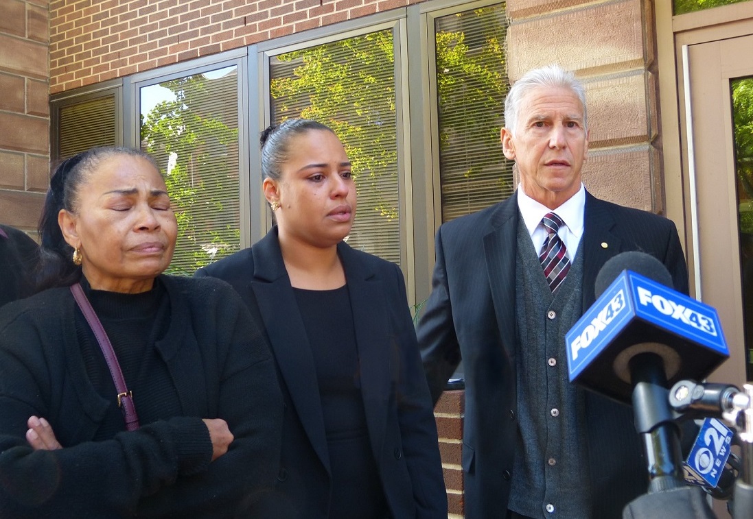 From left, Ricardo Munoz' mother Miguelina Pena,  his sister Rulennis Munoz, and attorney Michael Perna speak outside the County Courthouse on Wednesday, Oct. 14, 2020. (Photo: Tim Stuhldreher) 