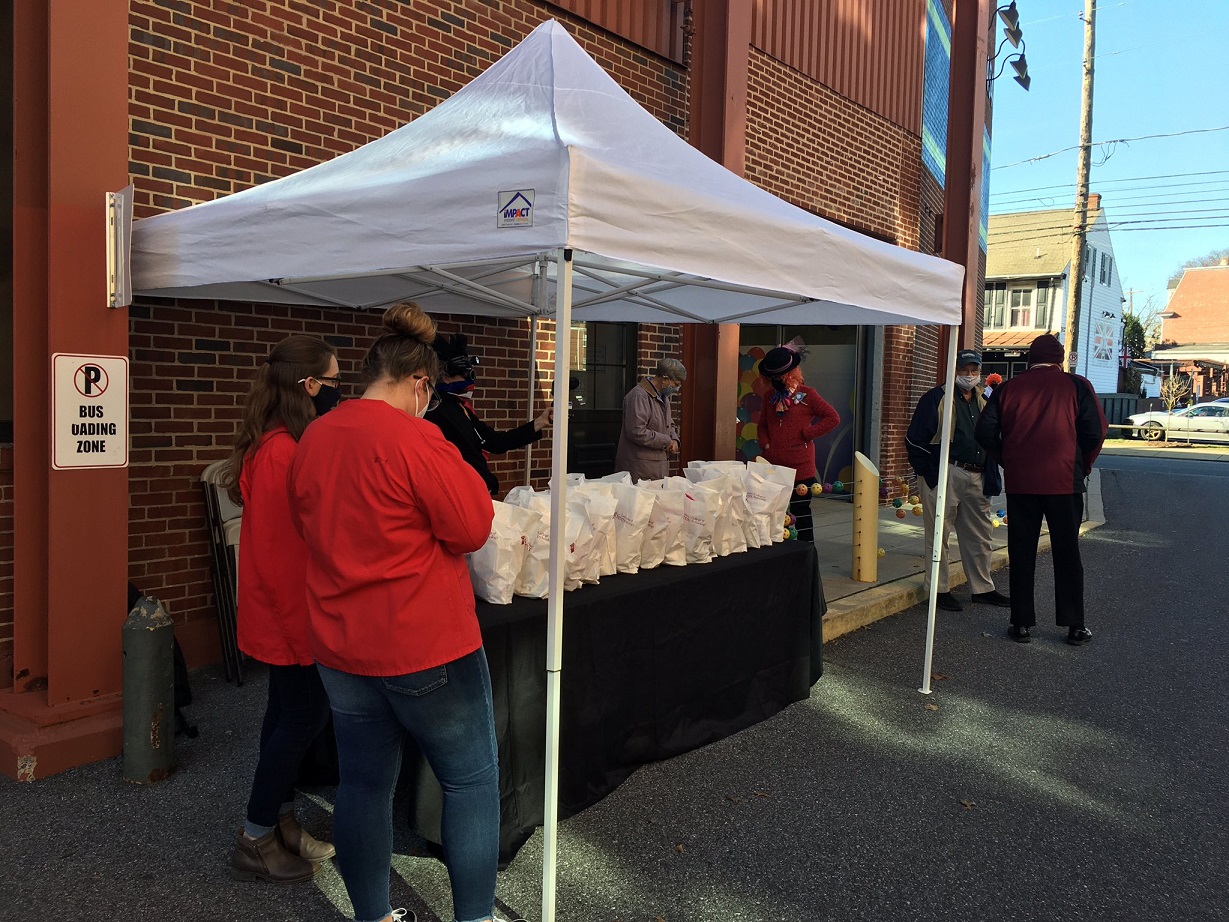 STEM activity bags are lined up for distribution during Extraordinary Give outside the Lancaster Science Factory on Friday, Nov. 20, 2020. (Photo: Olivia Smucker)