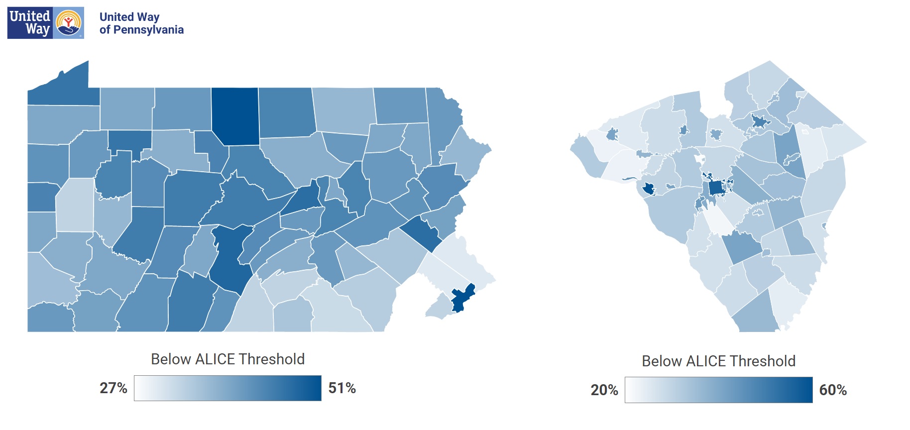 These color-coded maps show percentages by county, left, and municipality, right, of households below the ALICE minimum survival budget. (Source: United Way of Pa.) 