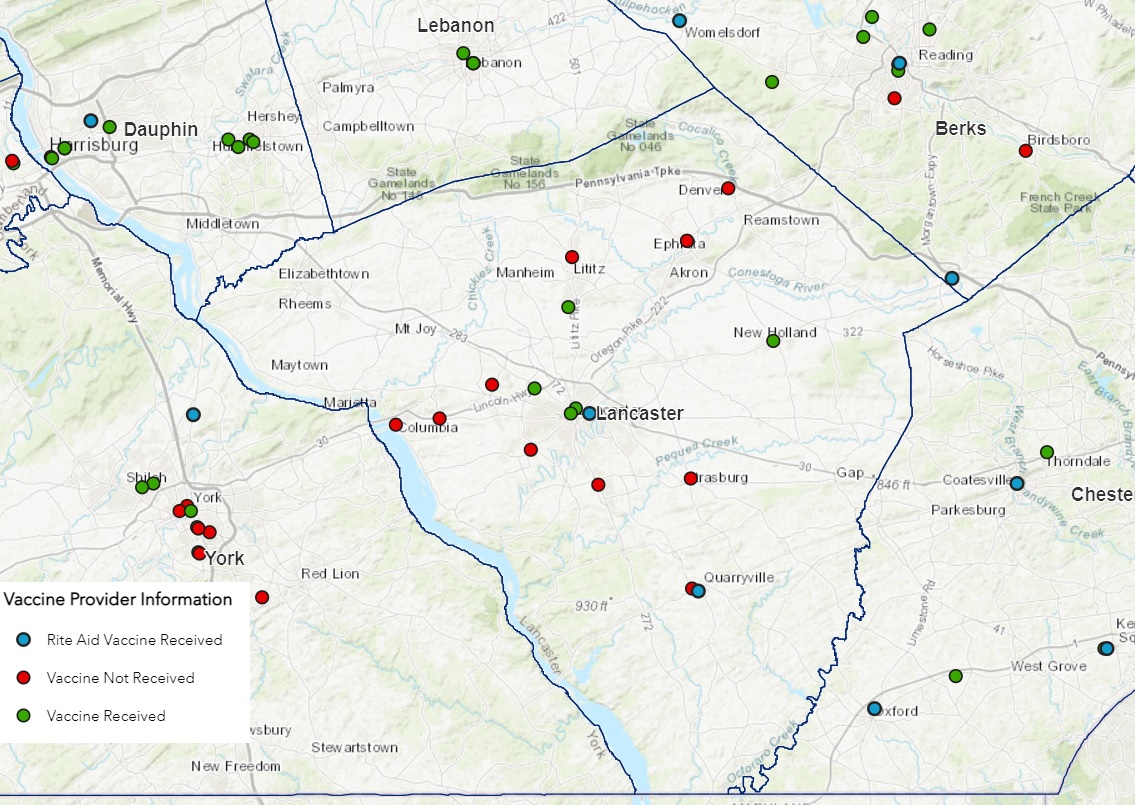 Pennsylvania's Covid-19 vaccine provider map shows two Rite Aid locations (blue dots) and five other providers with vaccine doses (green dots) in Lancaster County on Tuesday, Jan. 19, 2021. Red dots denote eligible providers that have not received shipments. (Source: Pa. Dept. of Health)