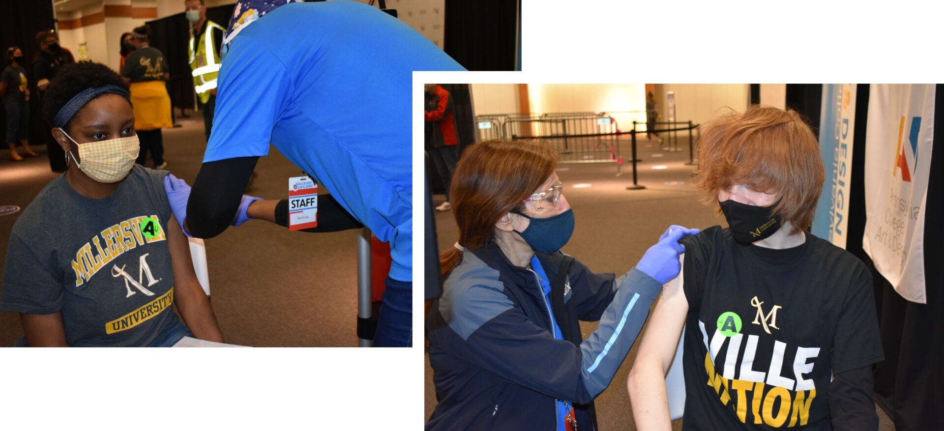 Millersville University students Jasmine Smith, left, and Matthew Teare receive their Covid-19 vaccinations at the community vaccination center on College Day, Friday, April 30, 2021. (Source: Provided) 