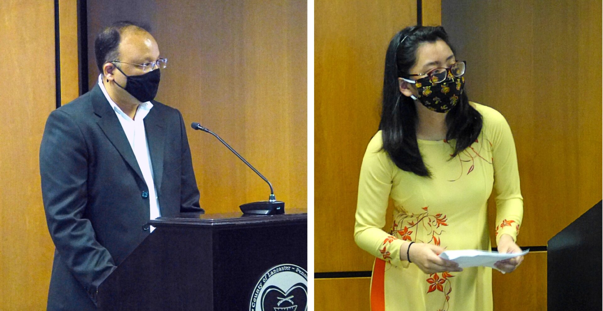 Manish Jhunjhunwala, president, South Asian Association of Lancaster; and Julia Cao, community organizer, speak about Asian-American Pacific Islander Heritage Month at the Lancaster County commissioners meeting on Wednesday, May 5, 2021. (Photo: Tim Stuhldreher) 