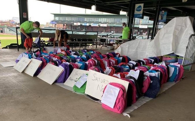 Backpacks filled with school supplies are organized at Clipper Magazine Stadium for the 2020 Back to School Giveaway. (Photo: Audrey Lilley) 