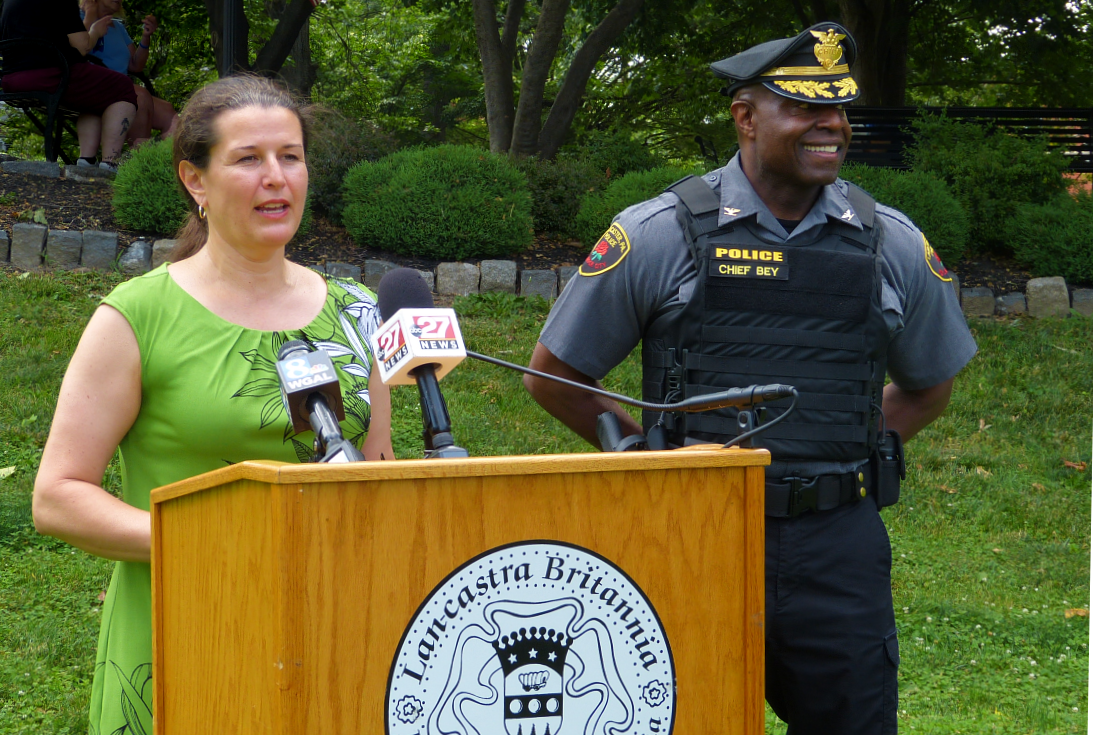 Lancaster Mayor Danene Sorace introduces police Chief John Bey at a media conference in Musser Park on Monday, June 21, 2021. (Photo: Tim Stuhldreher)