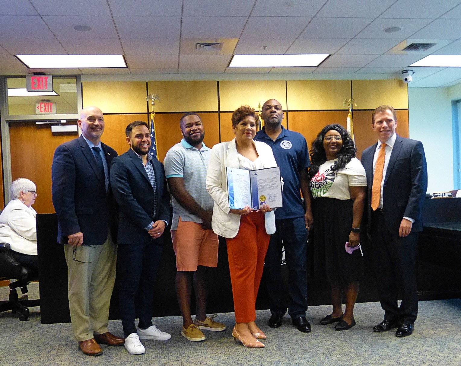 Lancaster County commissioners and local nonprofit leaders show off the county's first-ever Juneteenth proclamation at the County Government Center on Wednesday, June 16, 2021. From left: Commissioner Craig Lehman; Jaime Arroyo, chief impact officer, Community Action Partnership of Lancaster County (CAP); Joshua Hunter, program director, Crispus Attucks Community Center; Vanessa Philbert, CEO, CAP; Blanding Watson, president, NAACP Lancaster; Jasmyne King, director, YWCA Lancaster Center for Racial and Gender Equity; Commissioner Josh Parsons. Commissioner Ray D'Agostino was on vacation. (Photo: Tim Stuhldreher) 