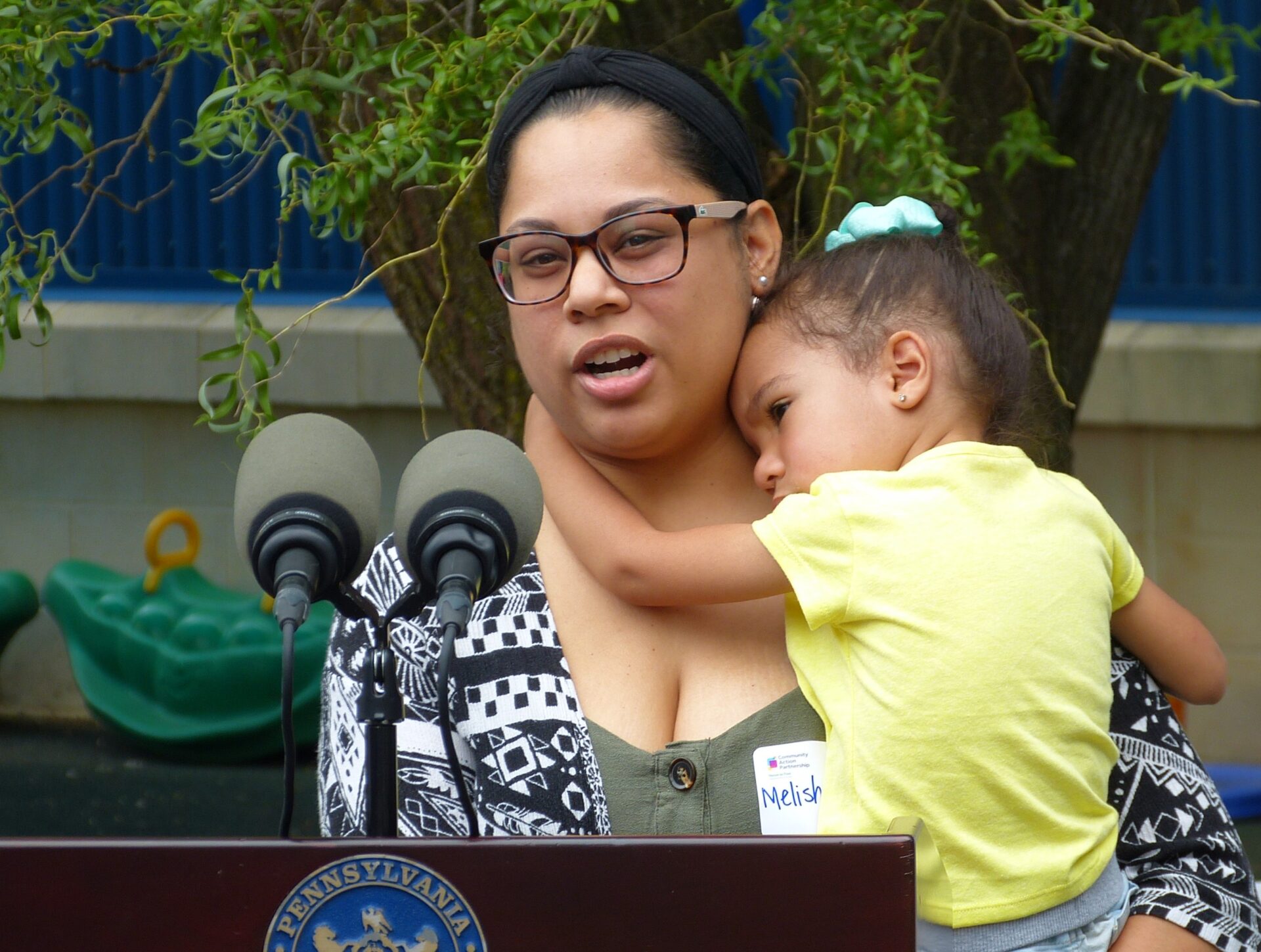 Melisha Melecio holds her daughter, Kamilah Montalvo, 4, while talking about early childhood education at the Community Action Partnership of Lancaster County on Thursday, July 8, 2021. (Photo: Tim Stuhldreher)