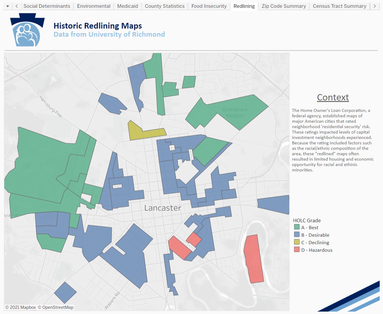 This map, part of the PA Health Equity Analysis Tool, shows historic redlining in and around Lancaster city. (Source: Pa. Dept. of Human Services)