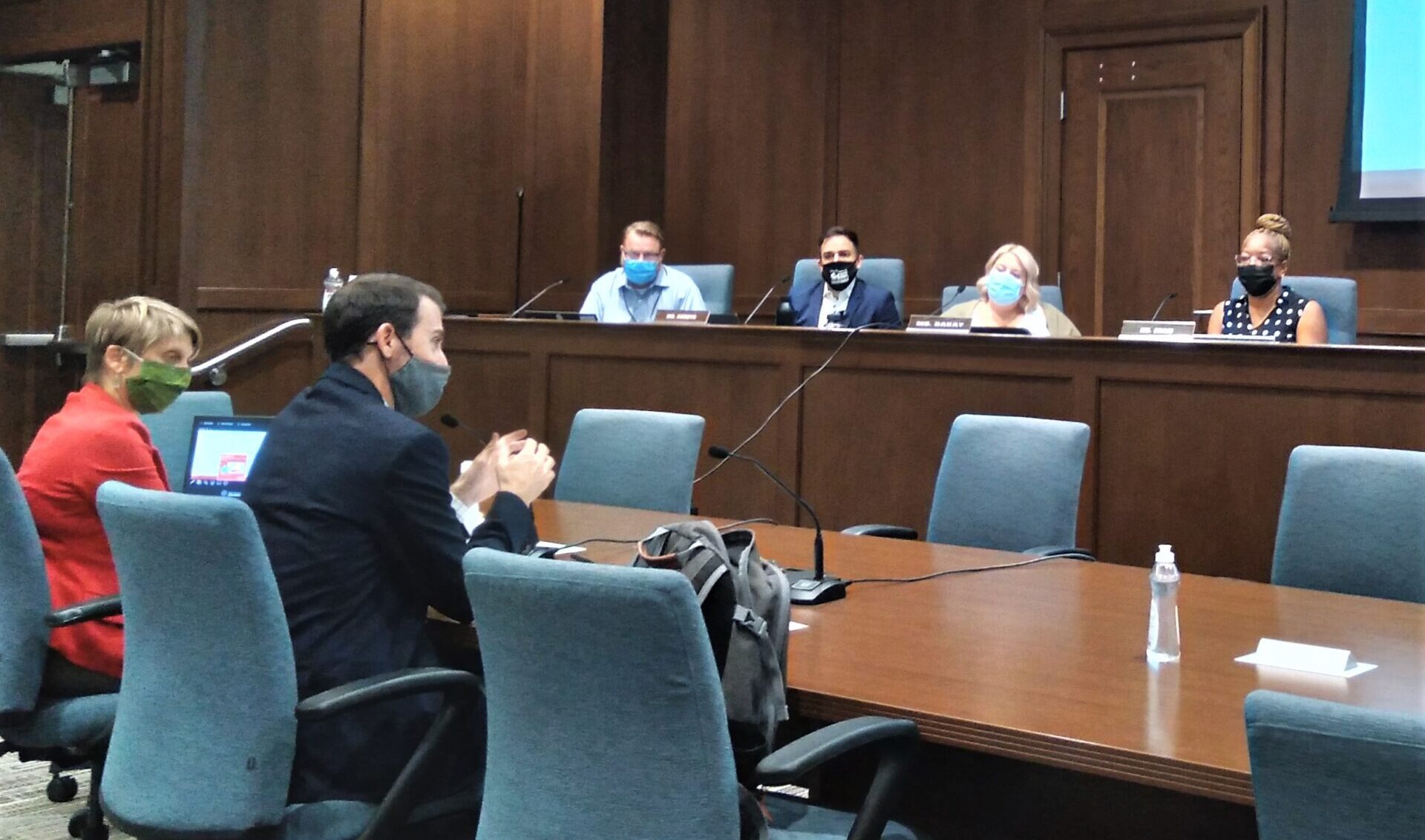 From left, Deputy Director Rebecca Geiser and Director Chris Delfs of the Department of Community Planning & Economic Development discuss proposed changes to Lancaster's lead hazard control ordinance at a City Council committee meeting on Tuesday, Sept. 7, 2021. (Photo: Tim Stuhldreher) 