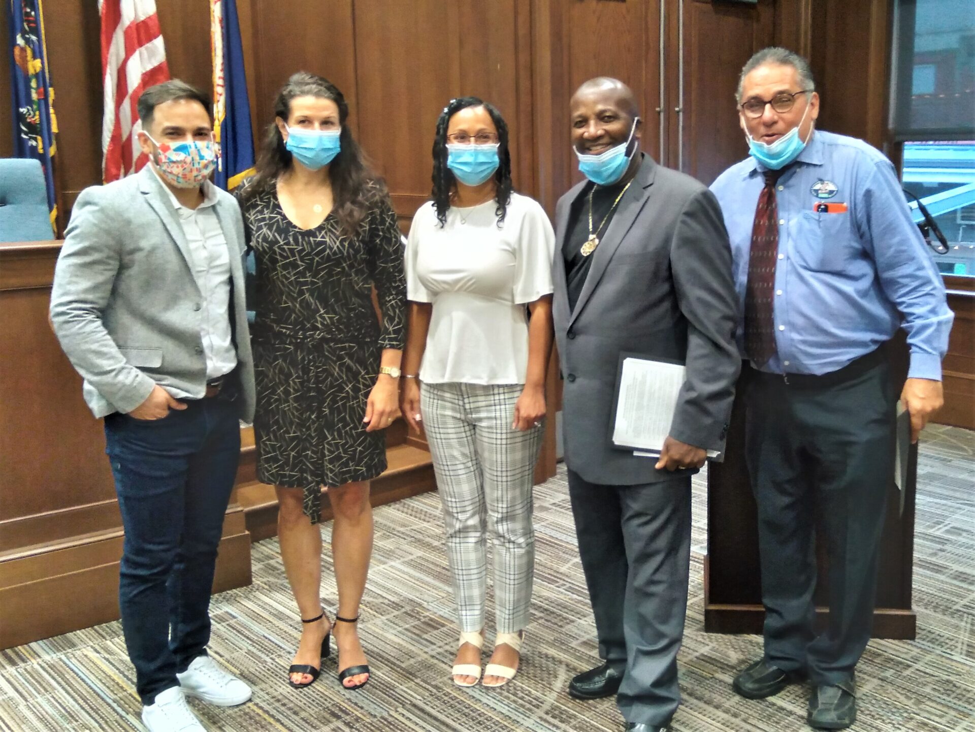 Lancaster city officials deliver a proclamation in honor of Hispanic Heritage Month during a City Council meeting on Tuesday, Sept. 14, 2021. From left: Councilman Jaime Arroyo, Mayor Danene Sorace, Councilwoman Janet Diaz, Nicholas Collado and Ivan Acosta Velez. (Photo: Tim Stuhldreher) 