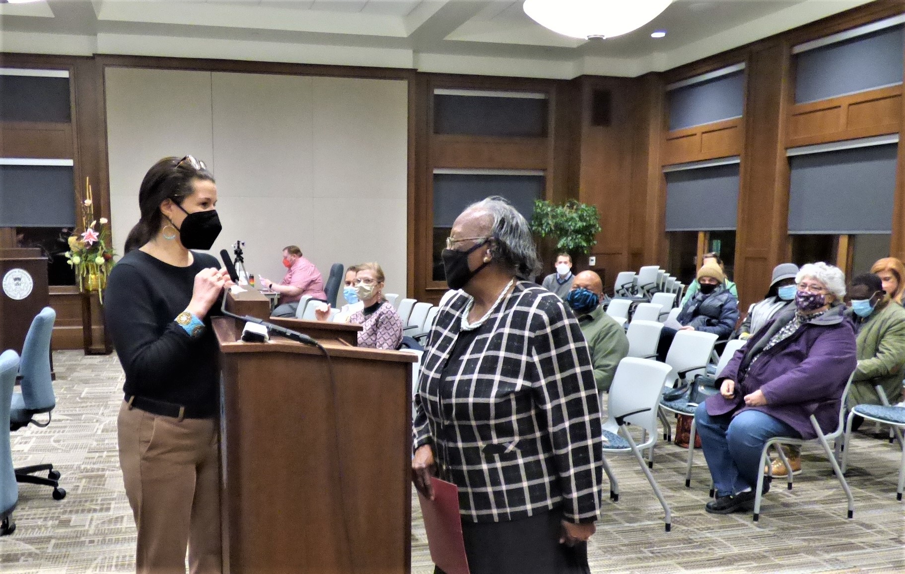 Mayor Danene Sorace, left, congratulates Addie Cunningham during a City Council meeting on Tuesday, Jan. 11, 2022. "What a gift and blessing you are to us.," the mayor said. (Photo: Tim Stuhldreher)