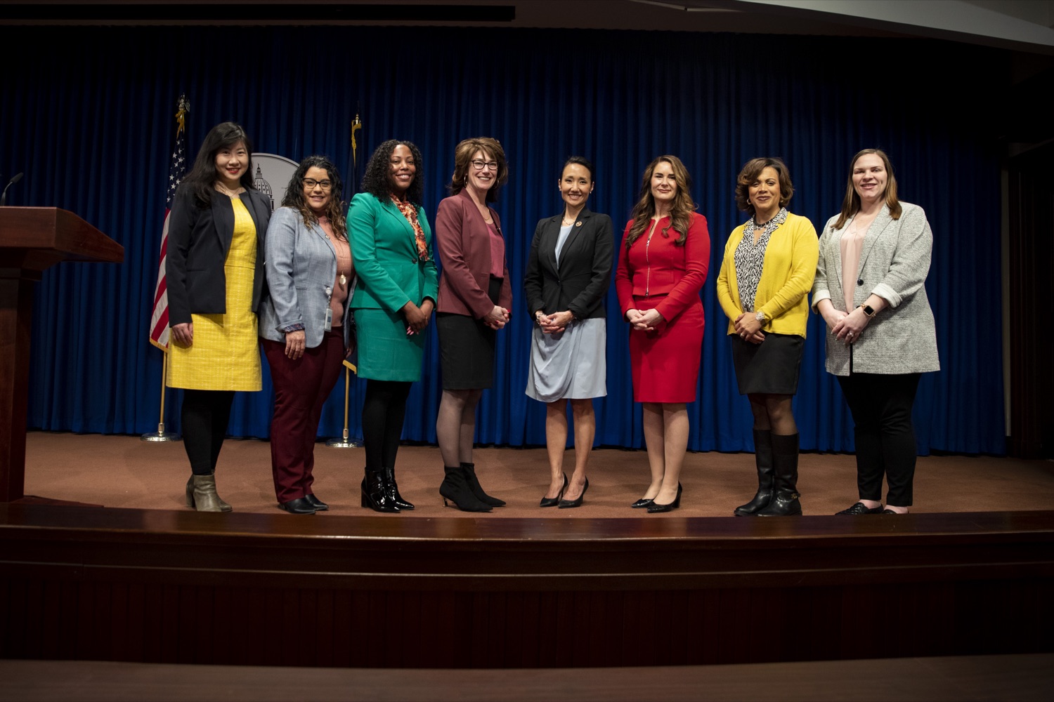 Officials pose during a press event at the Capitol in Harrisburg marking Equal Pay Day on Tuesday, March 15, 2022. From left: Stephanie Sun, Executive Director of the Governor’s Advisory Commission on Asian Pacific American Affairs; Luz Colon, Executive Director of the Governor’s Advisory Commission on Latino Affairs; President of Harrisburg City Council Danielle Bowers; state Rep. Mary Isaacson, D-Philadelphia; state Rep. Patty Kim, D-Dauphin; Labor &amp; Industry Secretary Jennifer Berrier; LaDeshia Maxwell, Executive Director of the Governor’s Advisory Commission on African American Affairs; and Pa. Commission for Women Executive Director Moriah Hathaway. (Source: Pa.gov)