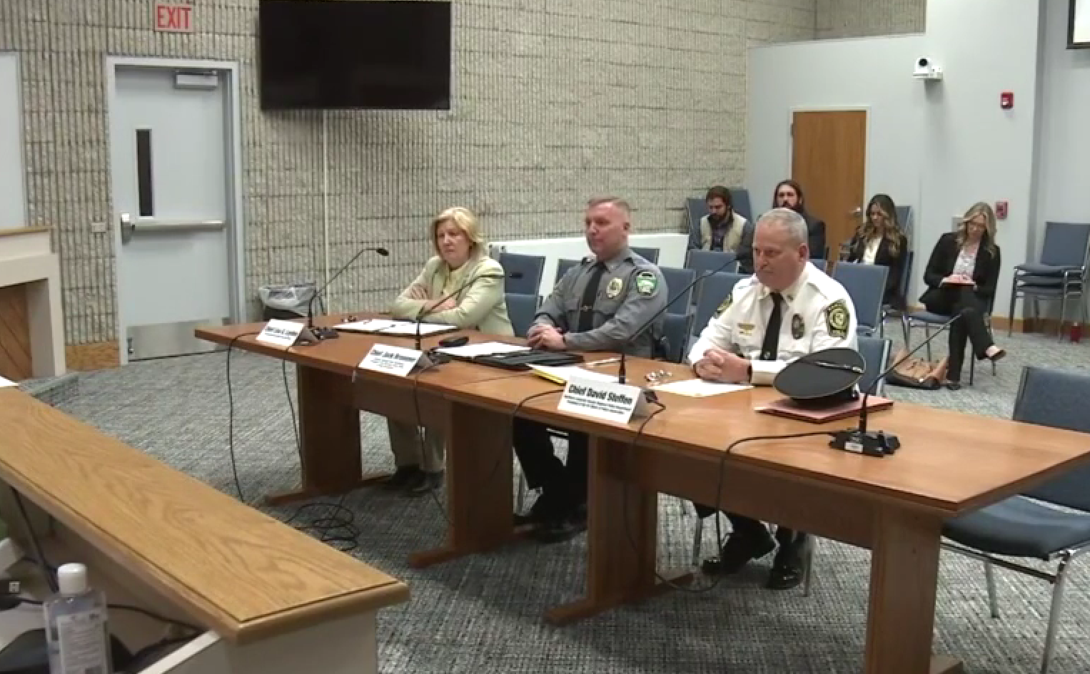 In this image from online video, police chiefs Lisa Layden, Jack Brommer and David Steffen speak about crime and public safety to the state Senate Majority Policy Committee. (Source: Majority Policy Committee)