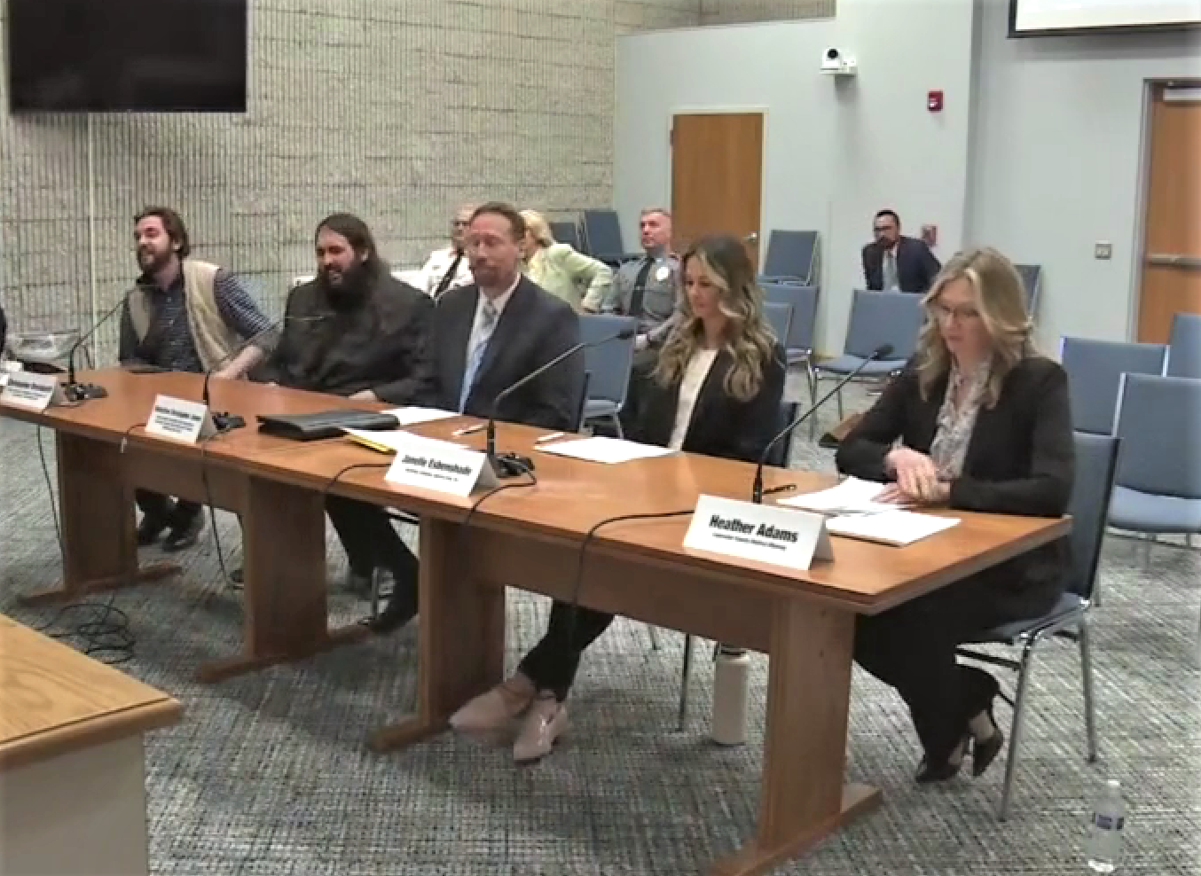 The second panel of speakers at the Majority Policy Committee hearing. From left: Benjamin McCoy, Christopher Dreisbach, Detective Christopher Jones, Janelle Esbenshade and District Attorney Heather Adams. (Source: Majority Policy Committee)