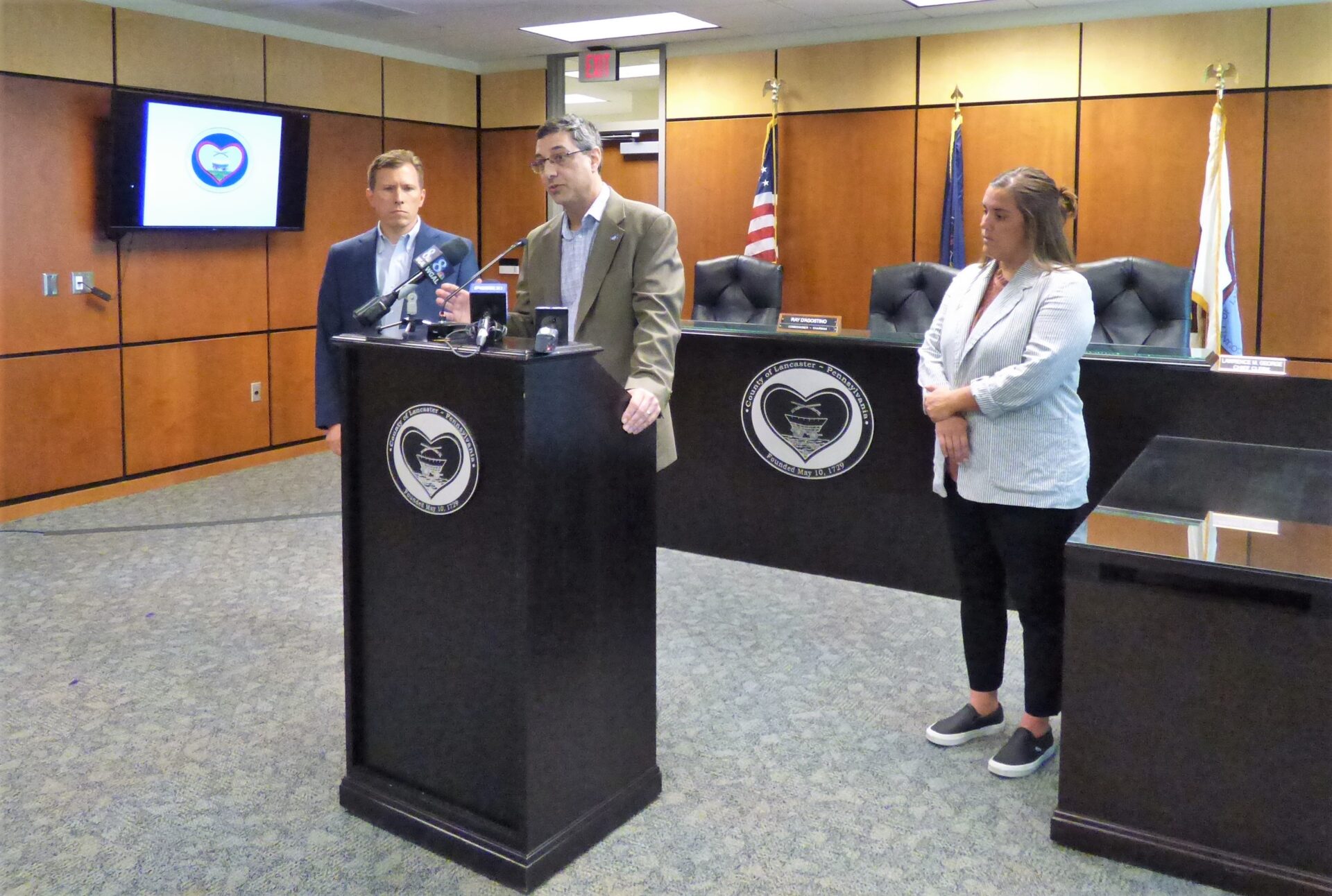 From left, commissioners Josh Parsons and Ray D'Agostino and elections Chief Clerk Christa Miller give a briefing on a ballot printing error in Lancaster County's May primary election on Tuesday, May 17, 2022. (Photo: Tim Stuhldreher)