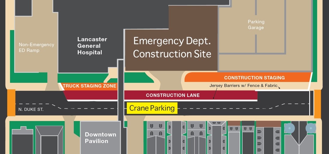 This map shows where a crane will be staged on North Duke Street by Lancaster General Hospital this coming weekend. (Source: Provided)