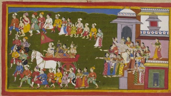 This image depicts a scene from the Ramayan epic, in which the god-king Rama is banished from the holy city of Ayodtha. 