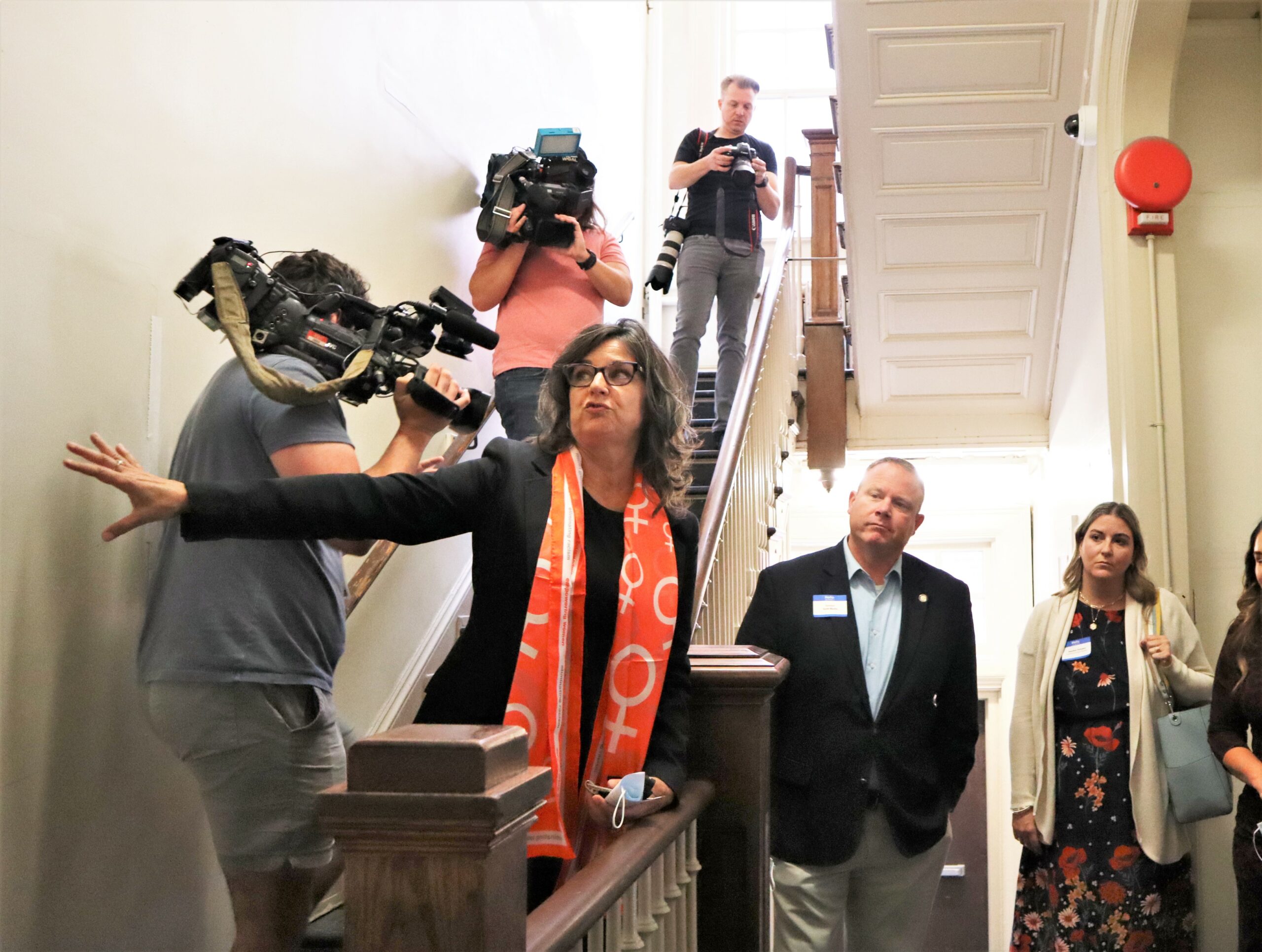 YWCA Lancaster CEO Stacie Blake points to the location where a new elevator is to go during a tour of the nonprofit's North Lime Street complex. (Photo: Tim Stuhldreher) 