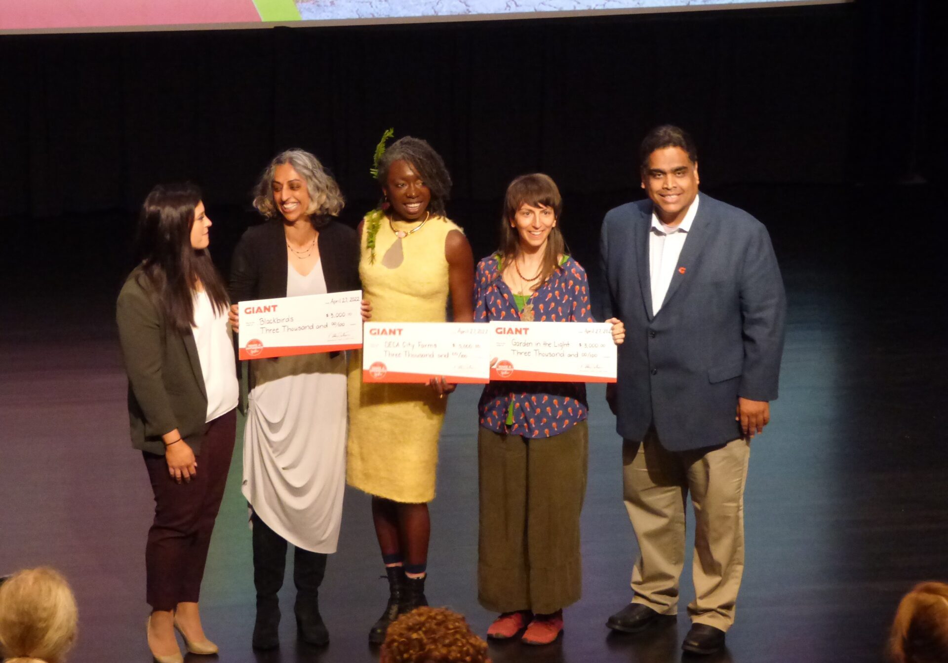 Food - HIY 2 Three "Lancaster Changemakers" receive grants from the Giant Co. during the "Food for Thought" forum at the Ware Center on Wednesday, April 28, 2022. From left: Jessica Groves, manager of community impact, the Giant Co.; Zeshan Ismat; Hawa Lassanah; Shauna Yorty; Parag Shah, vice president of omnichannel merchandising, the Giant Co. (Photo: Tim Stuhldreher)