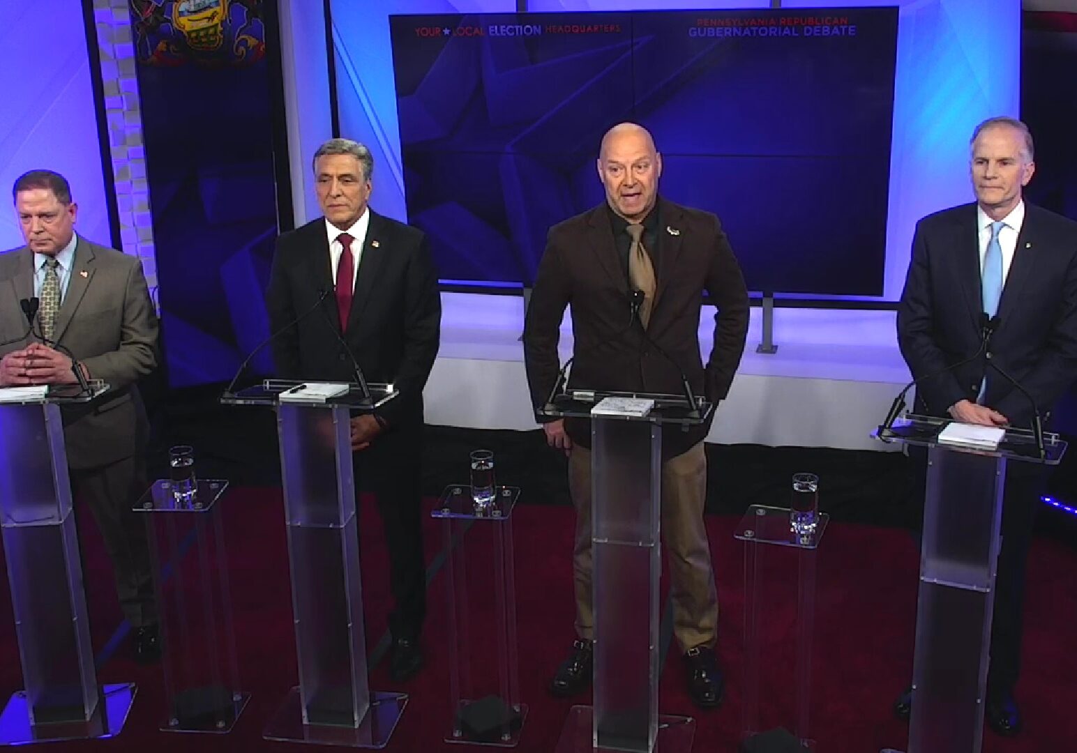 GOP gov debate 220427 From left, Republican gubernatorial candidates Dave White, Lou Barletta, Doug Mastriano and Bill McSwain participate in a televised debate on Wednesday, April 28, 2022. (Source: ABC 27)