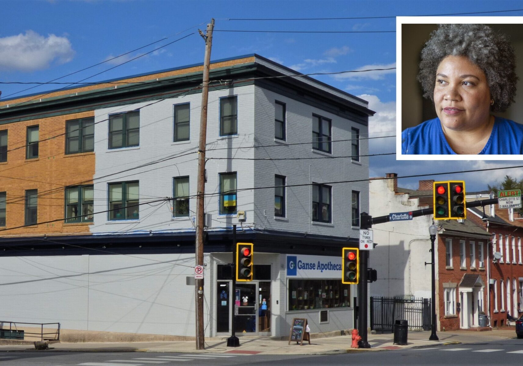 Ganse Apothecary - Rojas Claudia Rojas, inset, has been picked to create a mural for the Ganse Apothecary building. (Sources: City of Lancaster | OUL)